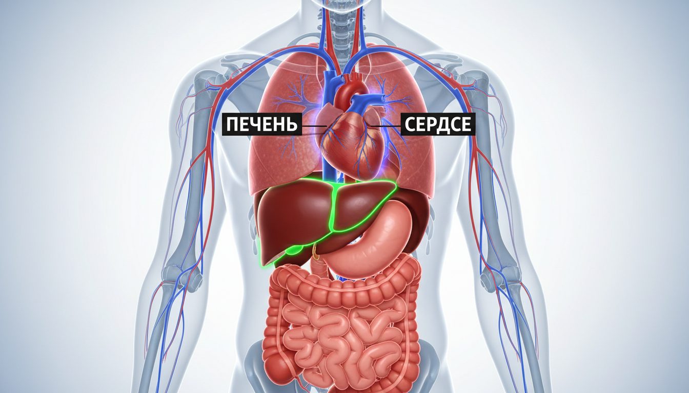 Анатомическая схематическая модель внутренних органов человека с выделенными печенью и сердцем