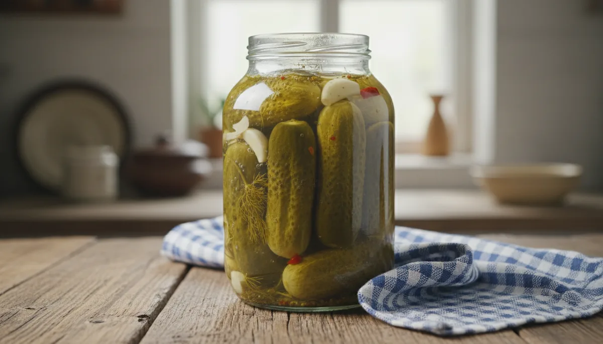 стеклянная банка с рассолом, огурцы, деревянный стол, кухонное полотенце